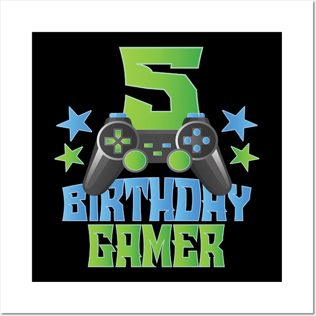 5th Birthday Gamer Boy 5 Years Old Video Game Lover Party design Wall Art by Grabitees